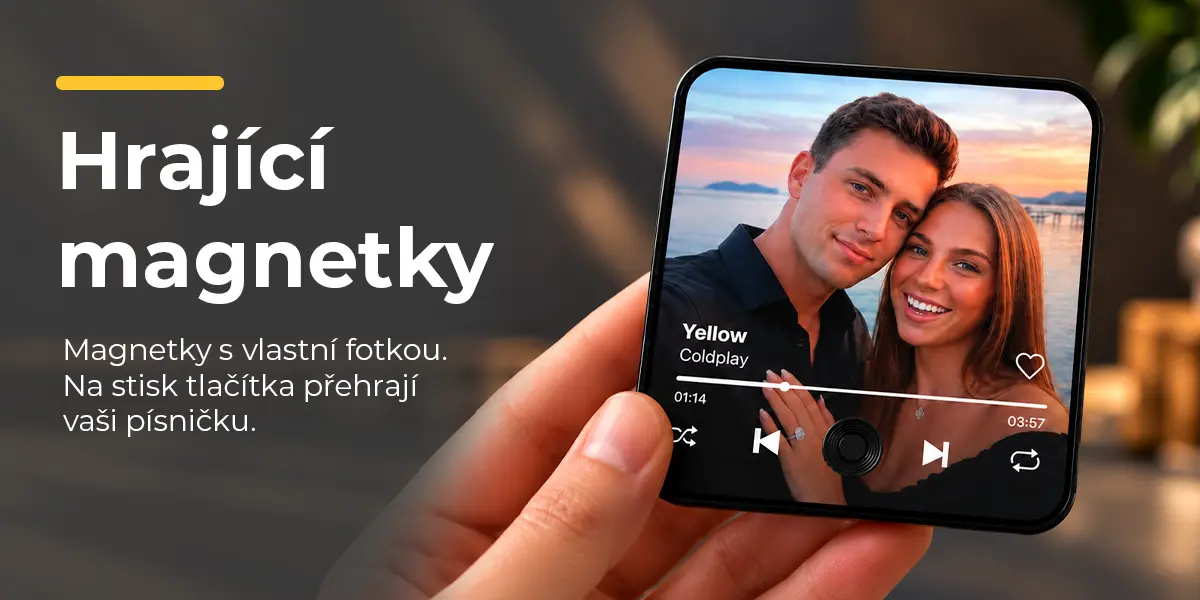 Hrající magnetky. Magnetky s vlastní fotkou. Na stisk tlačítka přehrají vaši písničku.